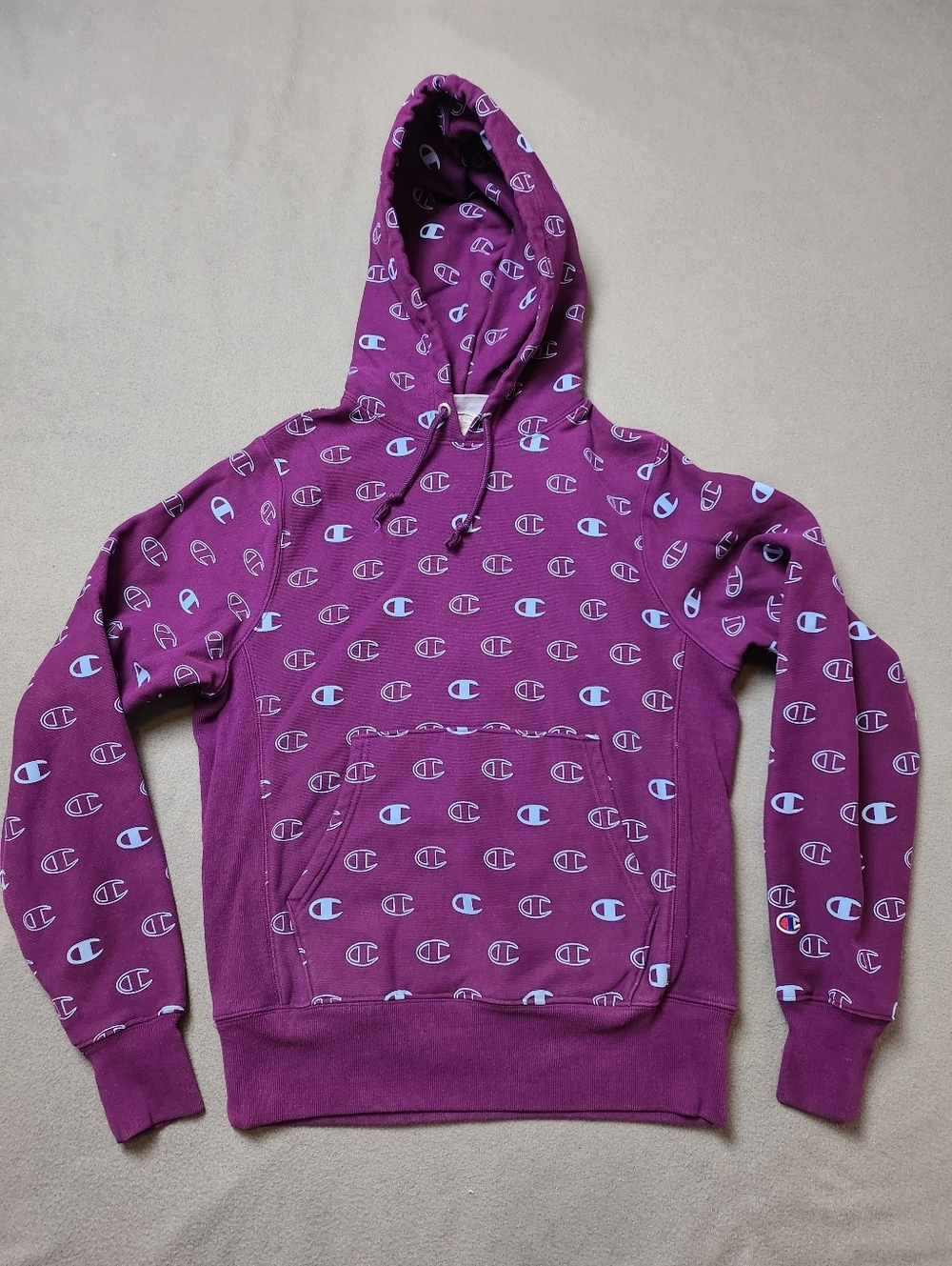 CHAMPION All Over Print Logo Hoodie Mens Medium Reverse Weave purple